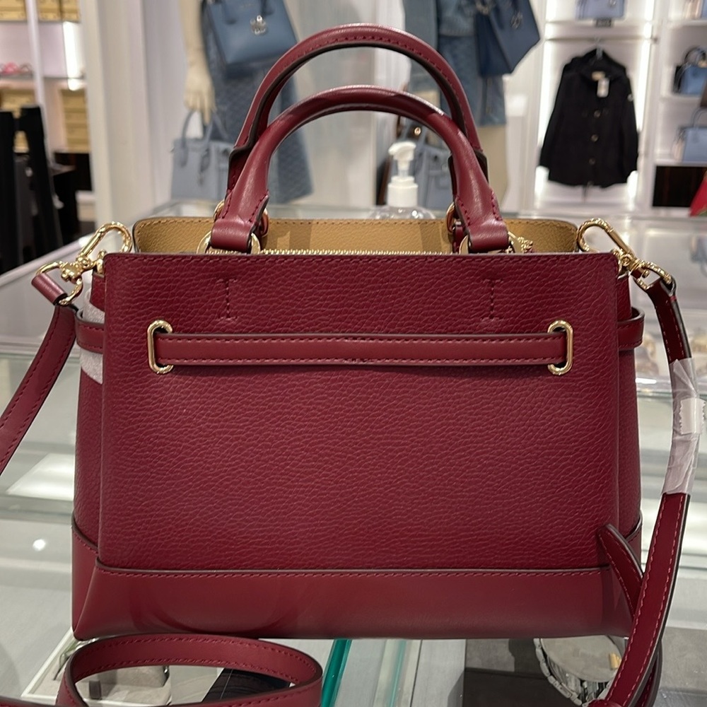 Michael Kors Reed Small Dark Cherry Leather Center Zip Belted Satchel Bag Purse - Picture 14 of 16